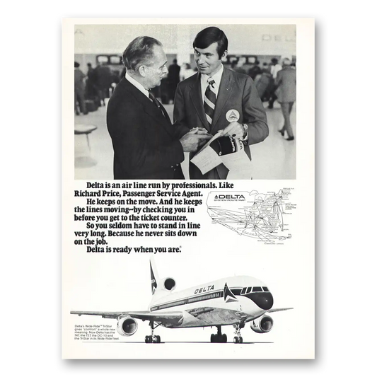 1975 Delta Air Lines Richard Price Passenger Service Vintage Magazine Print Ad