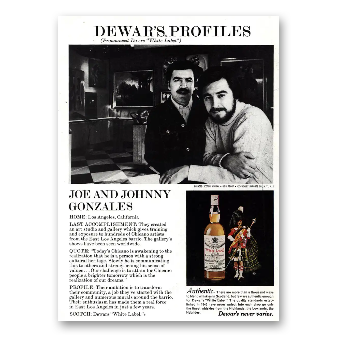 1975 Dewars White Label Joe and Johnny Gonzales Vintage Magazine Print Ad