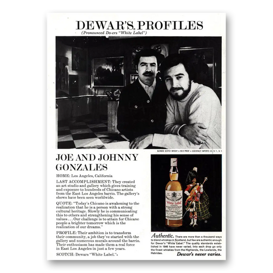 1975 Dewars White Label Joe and Johnny Gonzales Vintage Magazine Print Ad