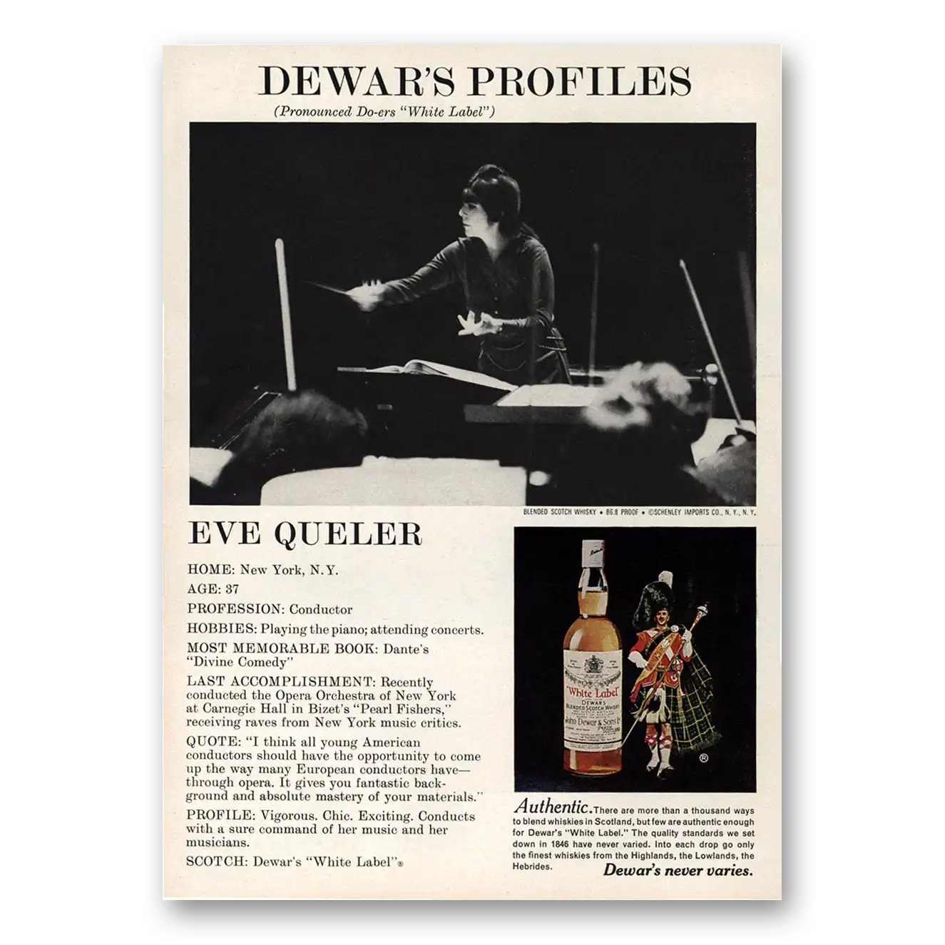 1975 Dewars White Label Eve Queler Vintage Magazine Print Ad