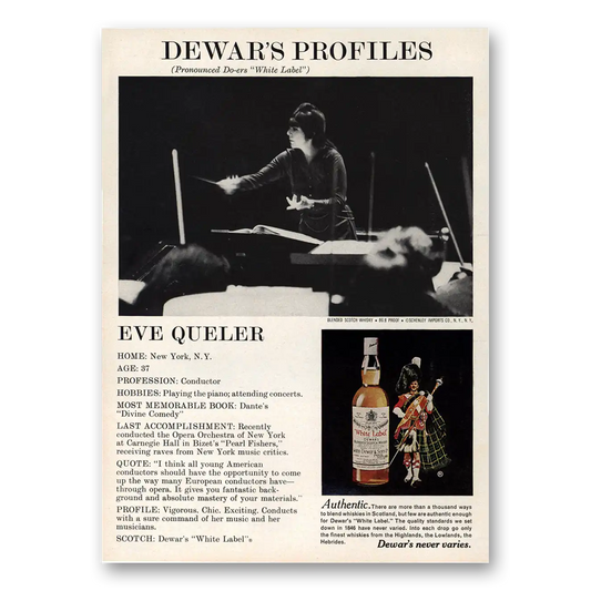 1975 Dewars White Label Eve Queler Vintage Magazine Print Ad