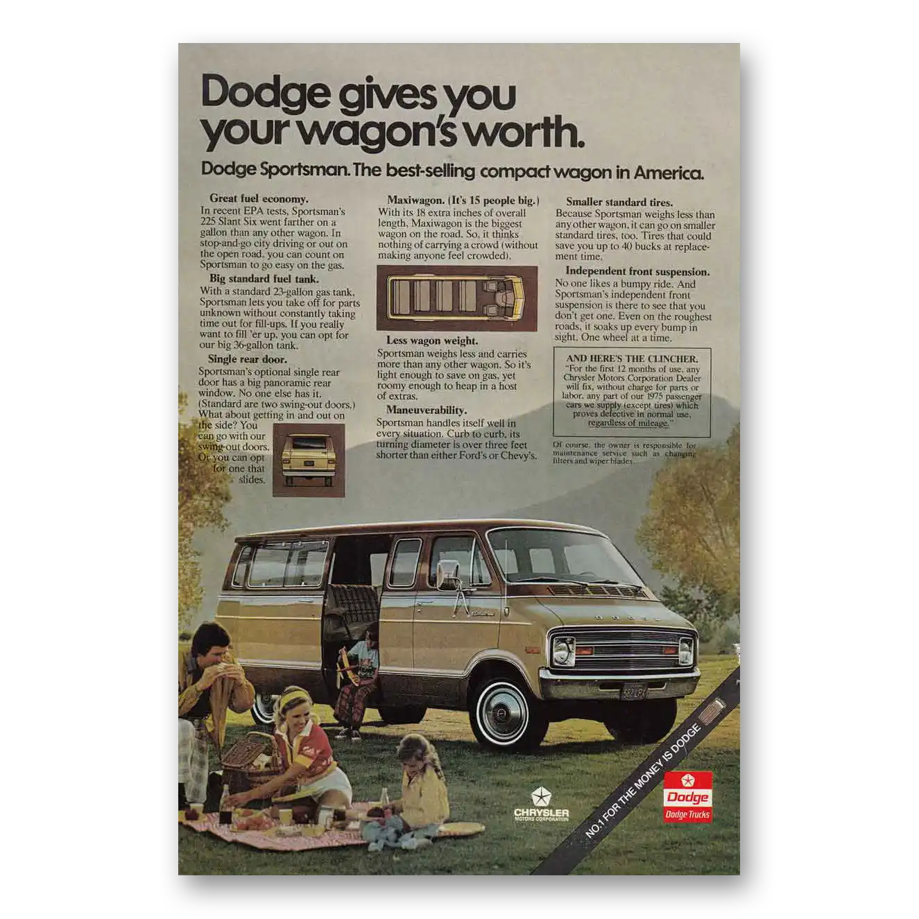 1975 Dodge Vans Gives You Your Wagons Worth Vintage Magazine Print Ad