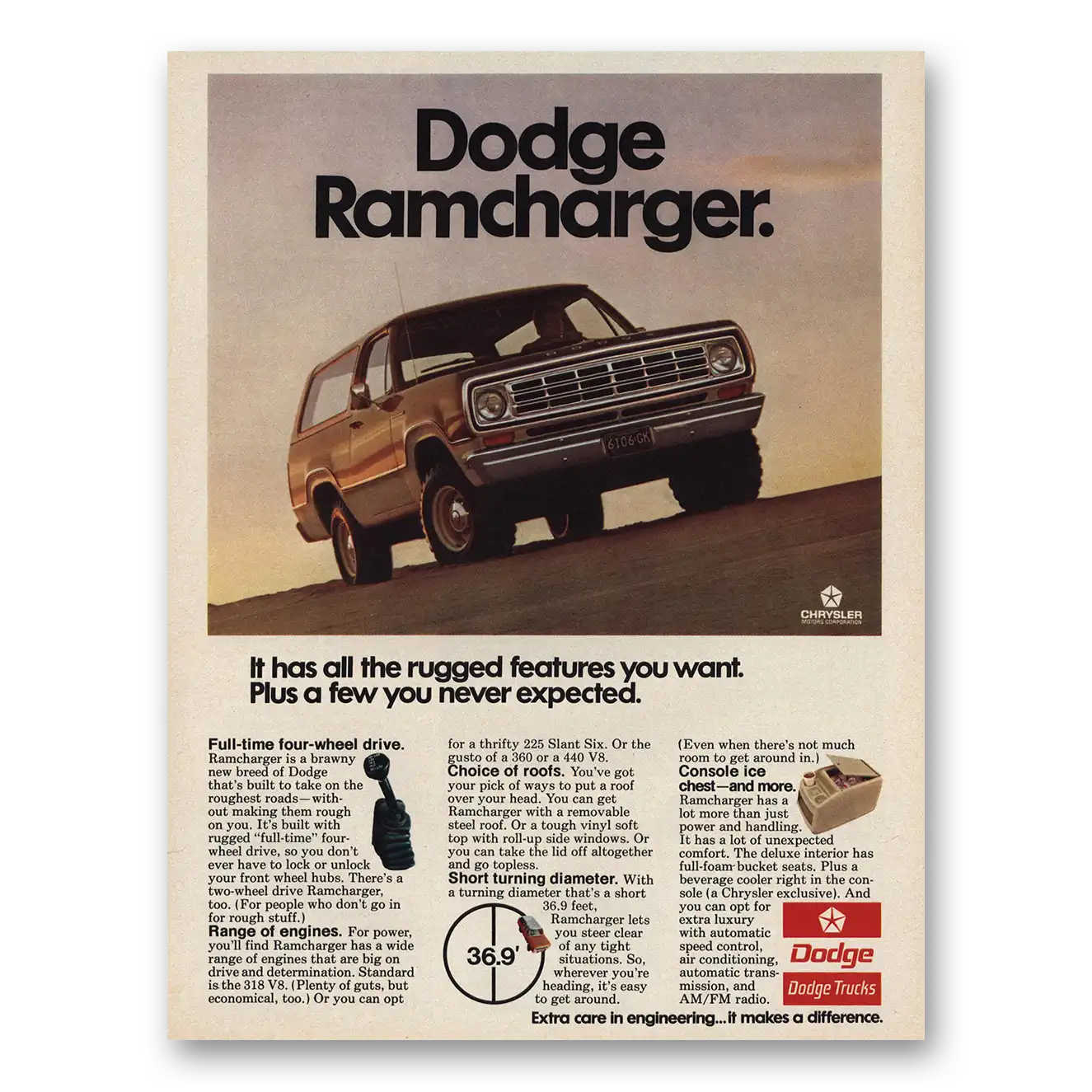 1975 Dodge Ramcharger Rugged Features Vintage Magazine Print Ad