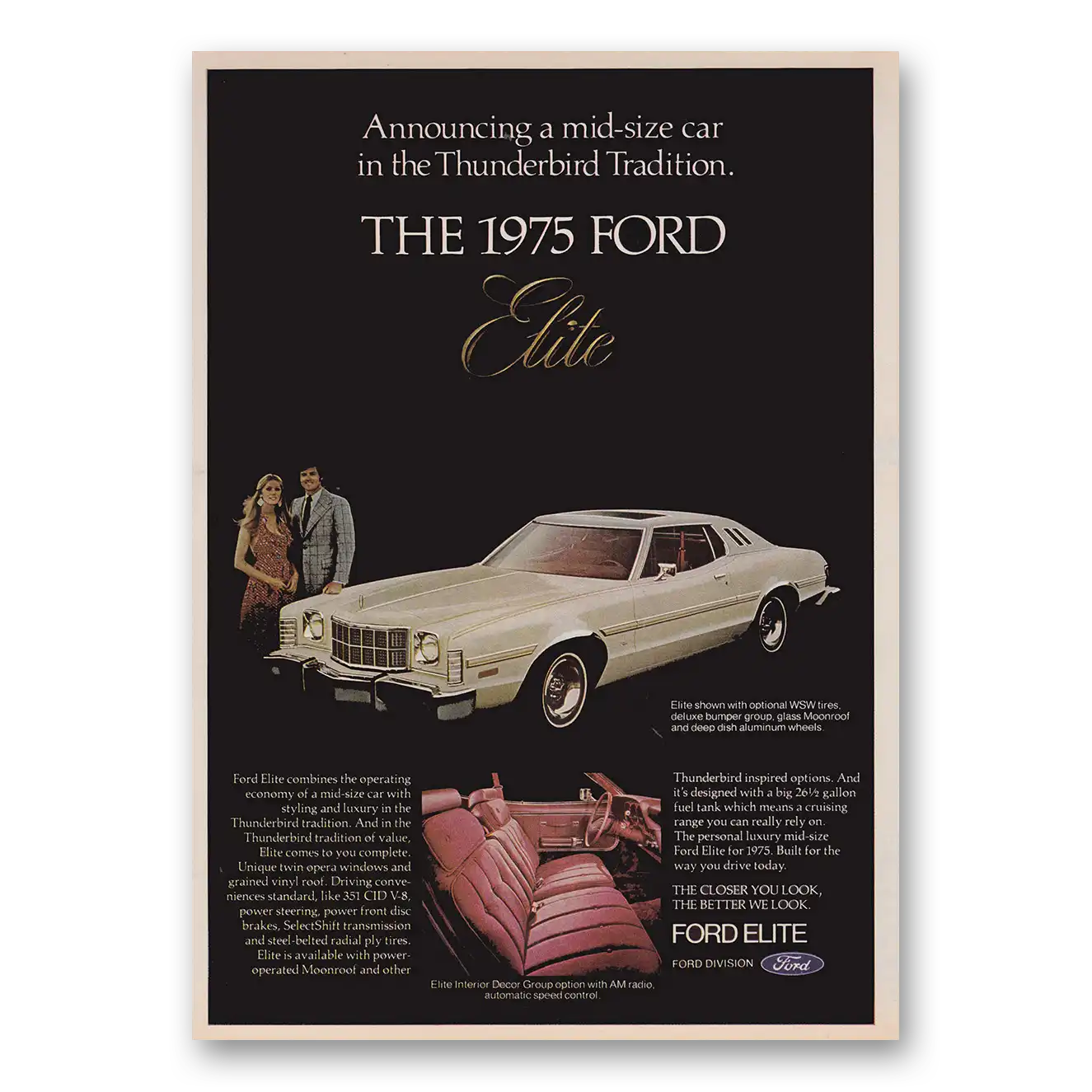 1974 Ford Elite Mid Size Car in the Thunderbird Tradition Vintage Magazine Print Ad