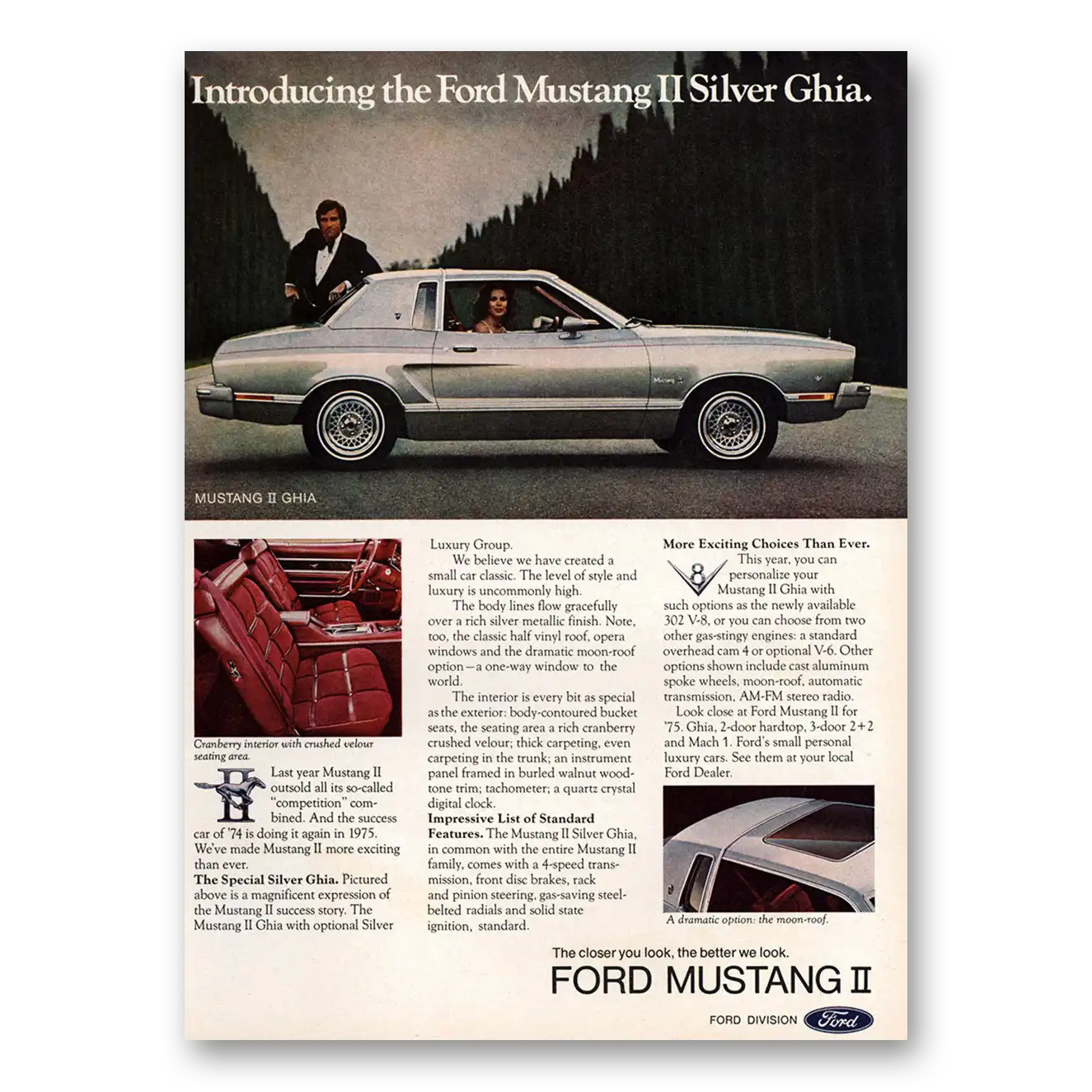 1975 Ford Mustang Silver Ghia Luxury Group Vintage Magazine Print Ad