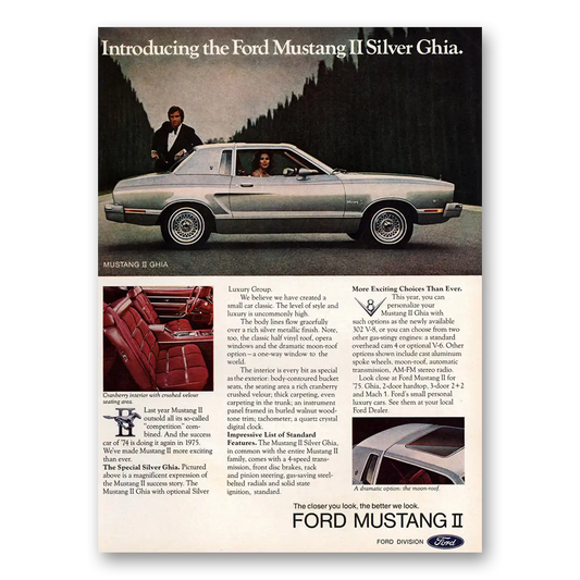 1975 Ford Mustang Silver Ghia Luxury Group Vintage Magazine Print Ad