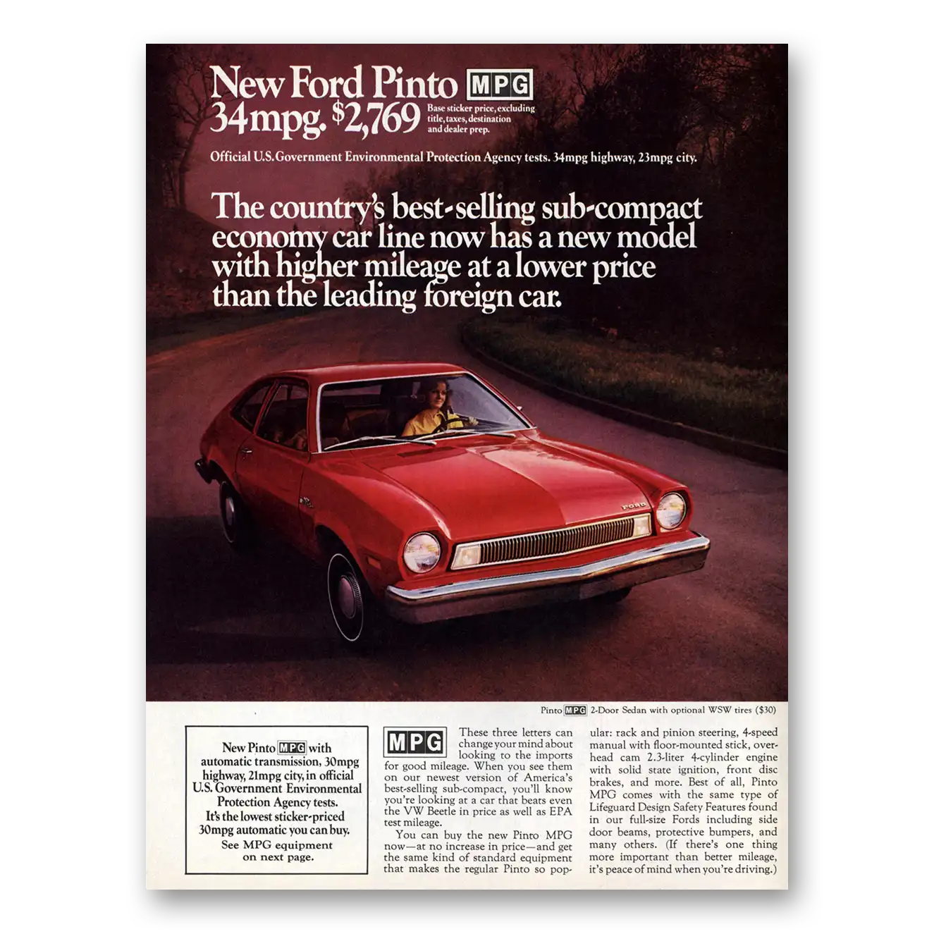 1975 Ford Pinto Best Selling Sub Compact Vintage Magazine Print Ad