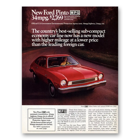 1975 Ford Pinto Best Selling Sub Compact Vintage Magazine Print Ad