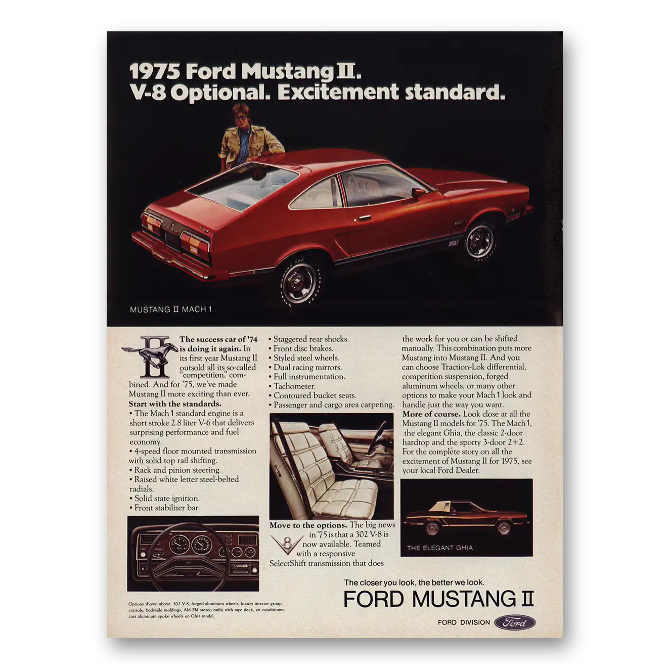 1975 Ford Mustang V8 Optional Excitement Standard Vintage Magazine Print Ad