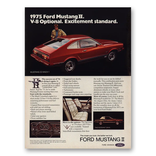 1975 Ford Mustang V8 Optional Excitement Standard Vintage Magazine Print Ad