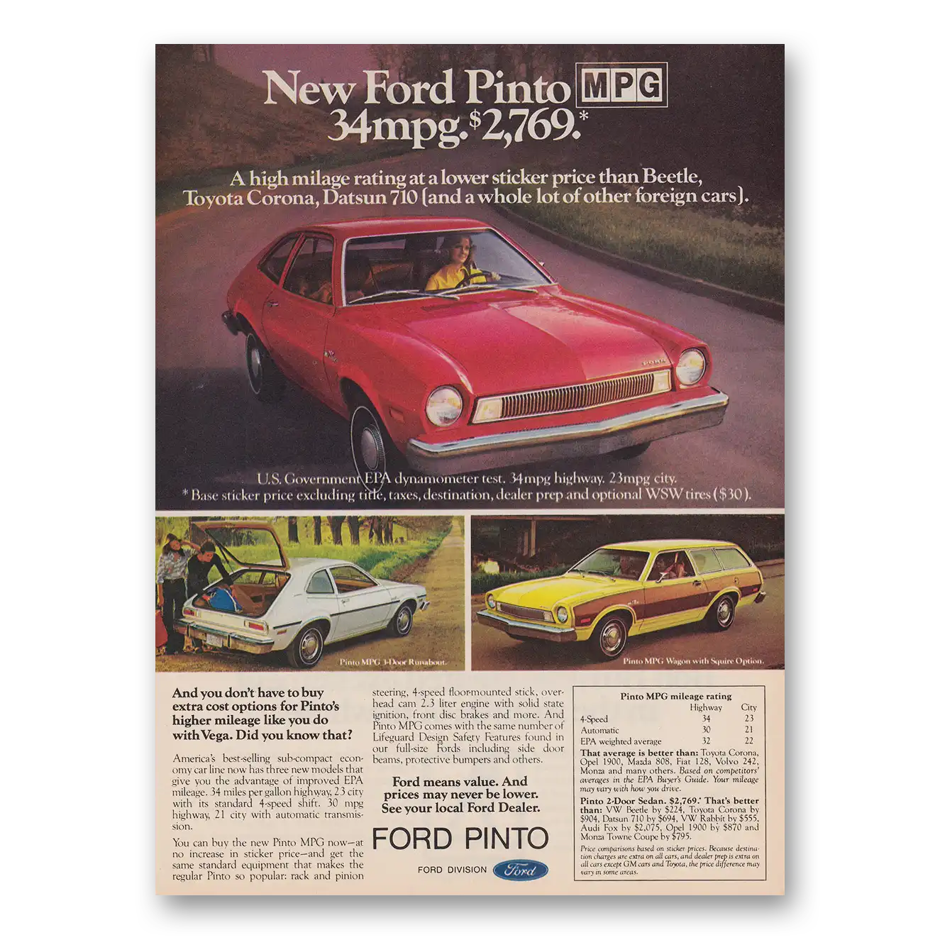 1975 Ford Pinto High Milage Rating at a Lower Sticker Price Vintage Magazine Print Ad