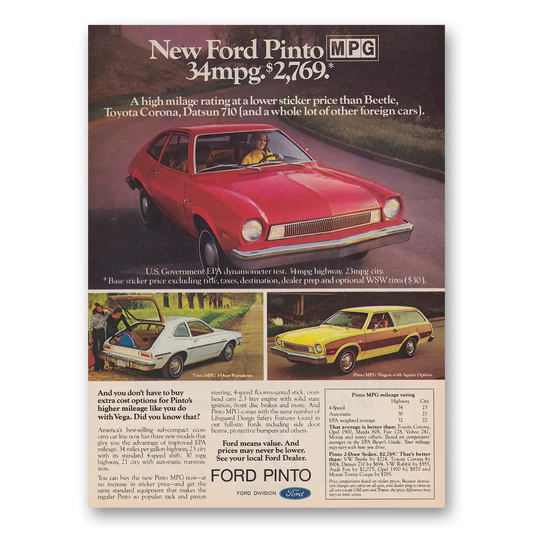 1975 Ford Pinto High Milage Rating at a Lower Sticker Price Vintage Magazine Print Ad