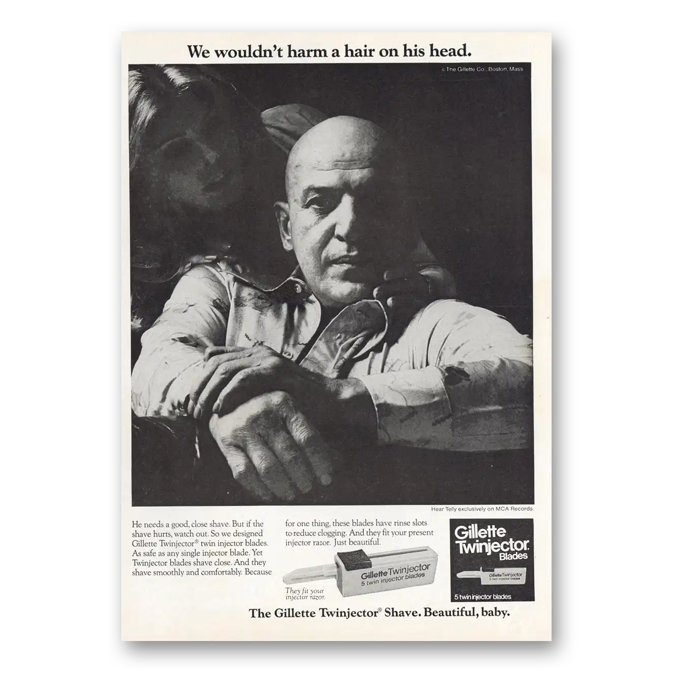 1975 Gillette Twinjector Shave Telly Savalas Wouldn't Harm a Hair On His Head Vintage Magazine Print Ad