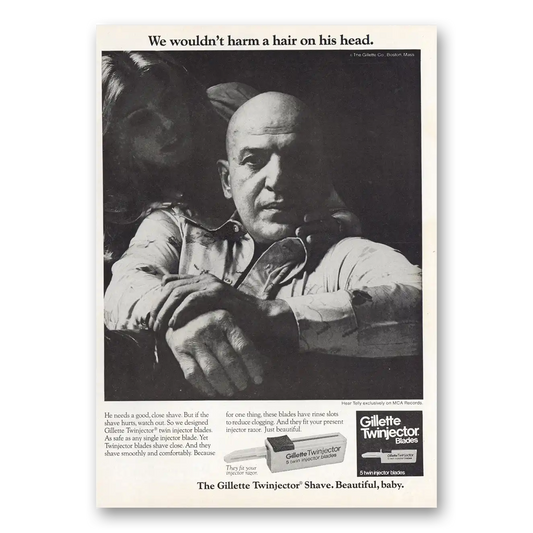 1975 Gillette Twinjector Shave Telly Savalas Wouldn't Harm a Hair On His Head Vintage Magazine Print Ad