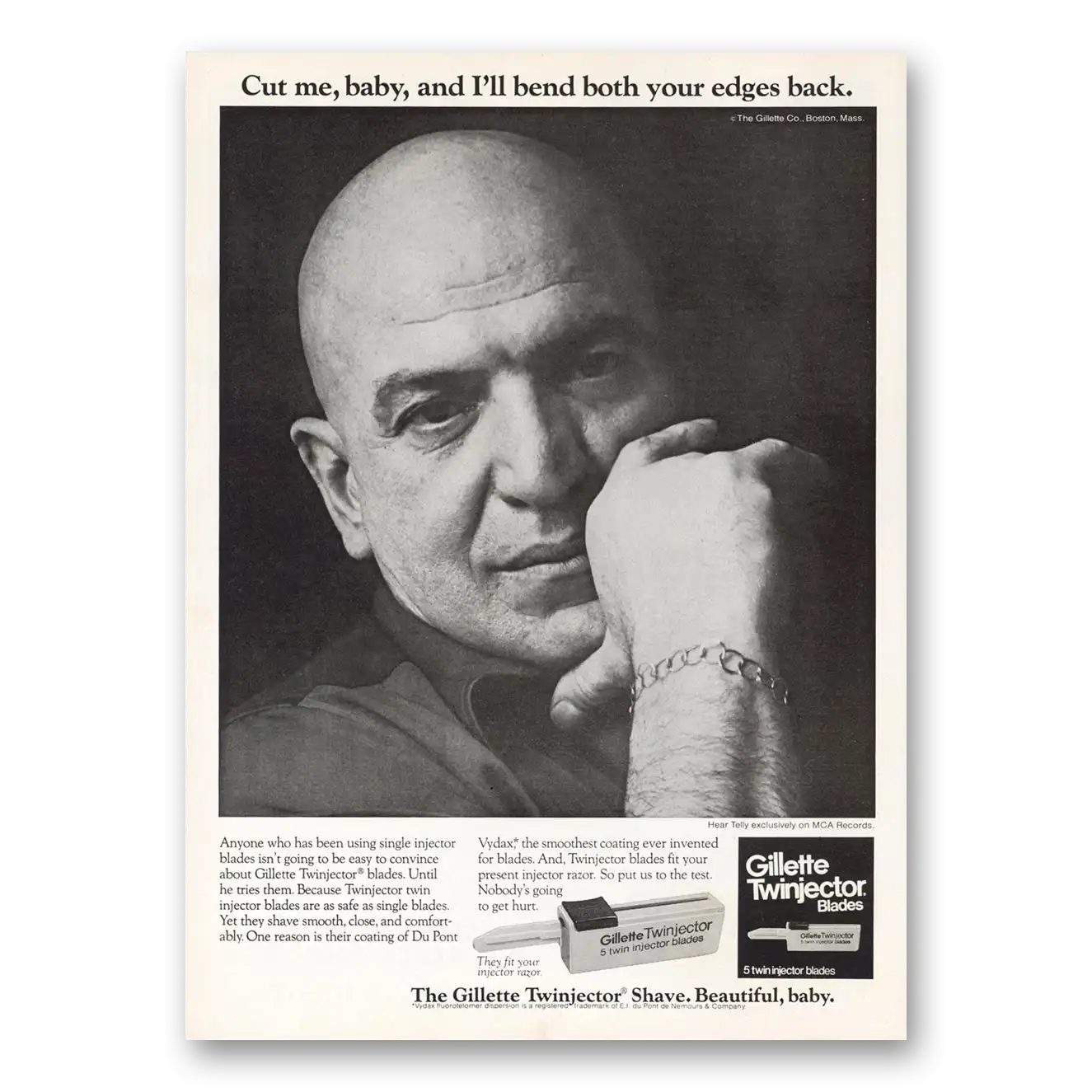 1975 Gillette Twinjector Shave Telly Savalas Cut Me Baby Vintage Magazine Print Ad