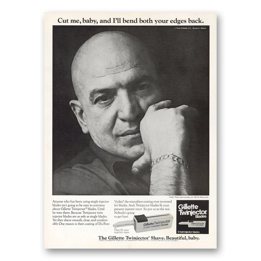 1975 Gillette Twinjector Shave Telly Savalas Cut Me Baby Vintage Magazine Print Ad