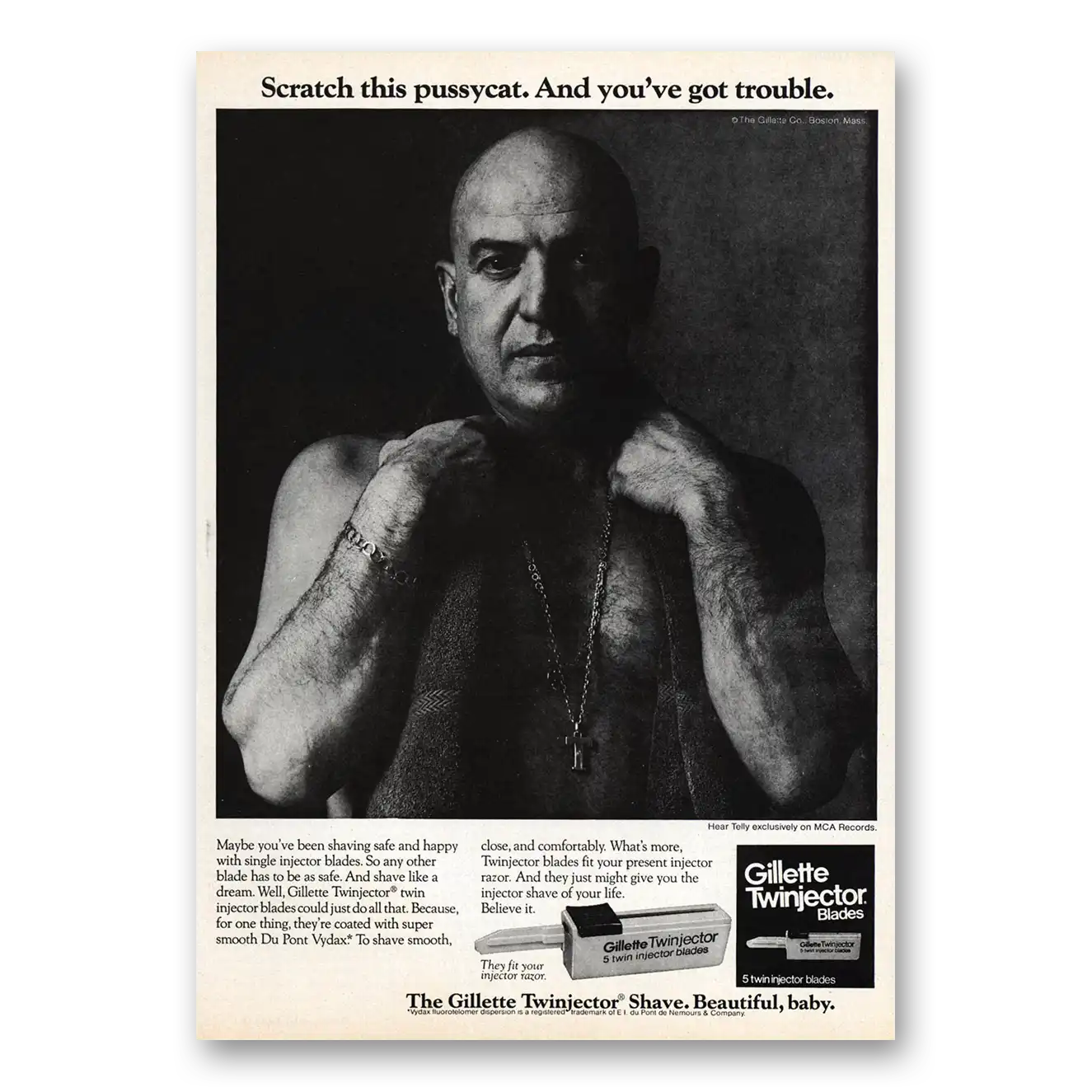 1975 Gillette Twinjector Shave Scratch This Pussycat Vintage Magazine Print Ad