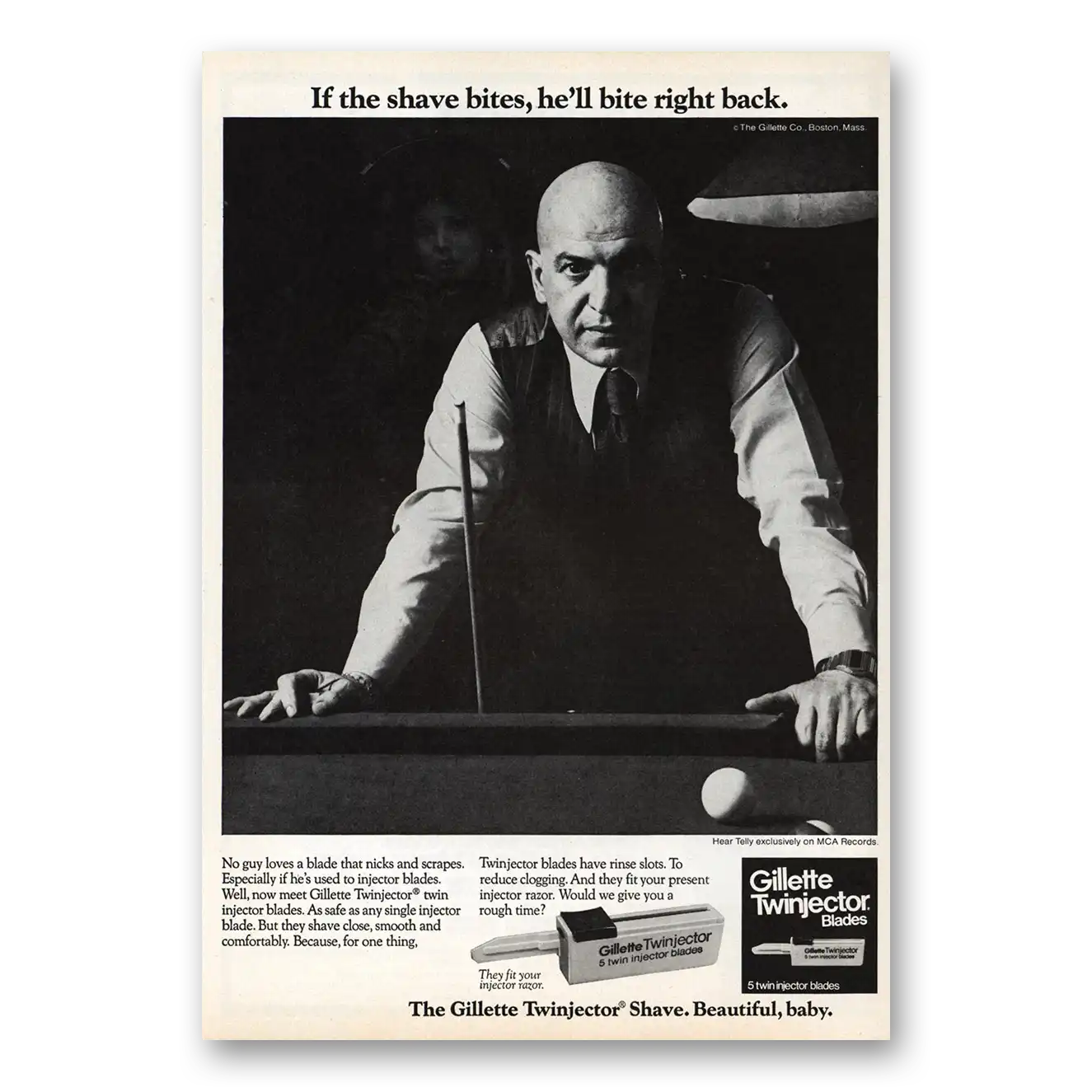 1975 Gillette Twinjector Shave Shave Bites Telly Savalas Vintage Magazine Print Ad