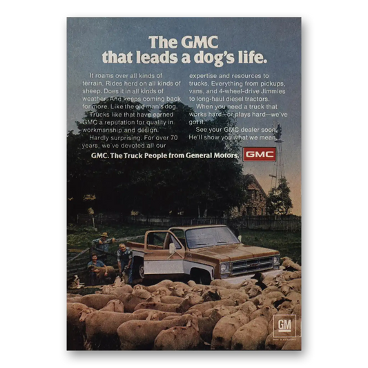 1974 GMC Trucks Leads a Dogs Life Vintage Magazine Print Ad