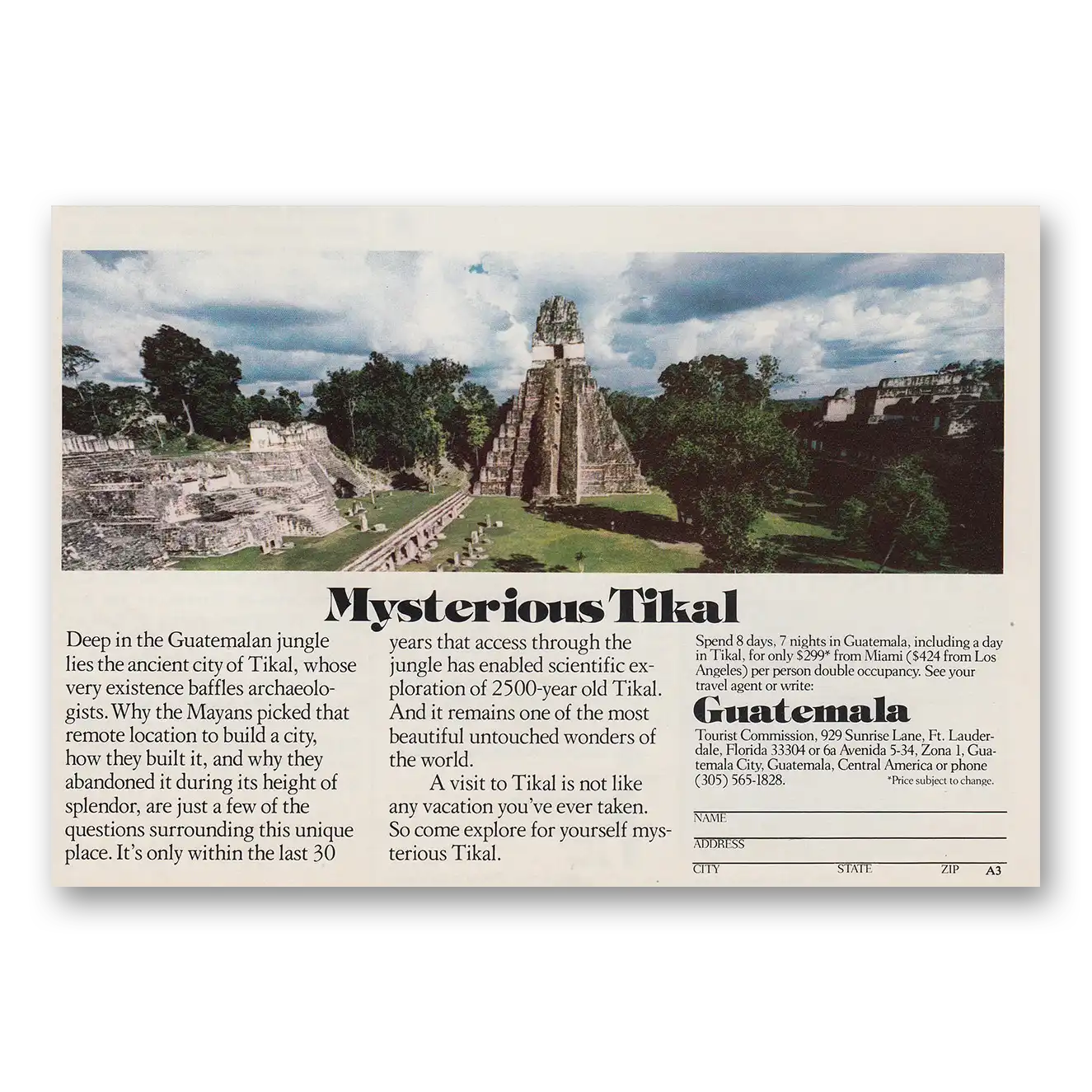 1975 Guatemala Mysterious Tikal Vintage Magazine Print Ad