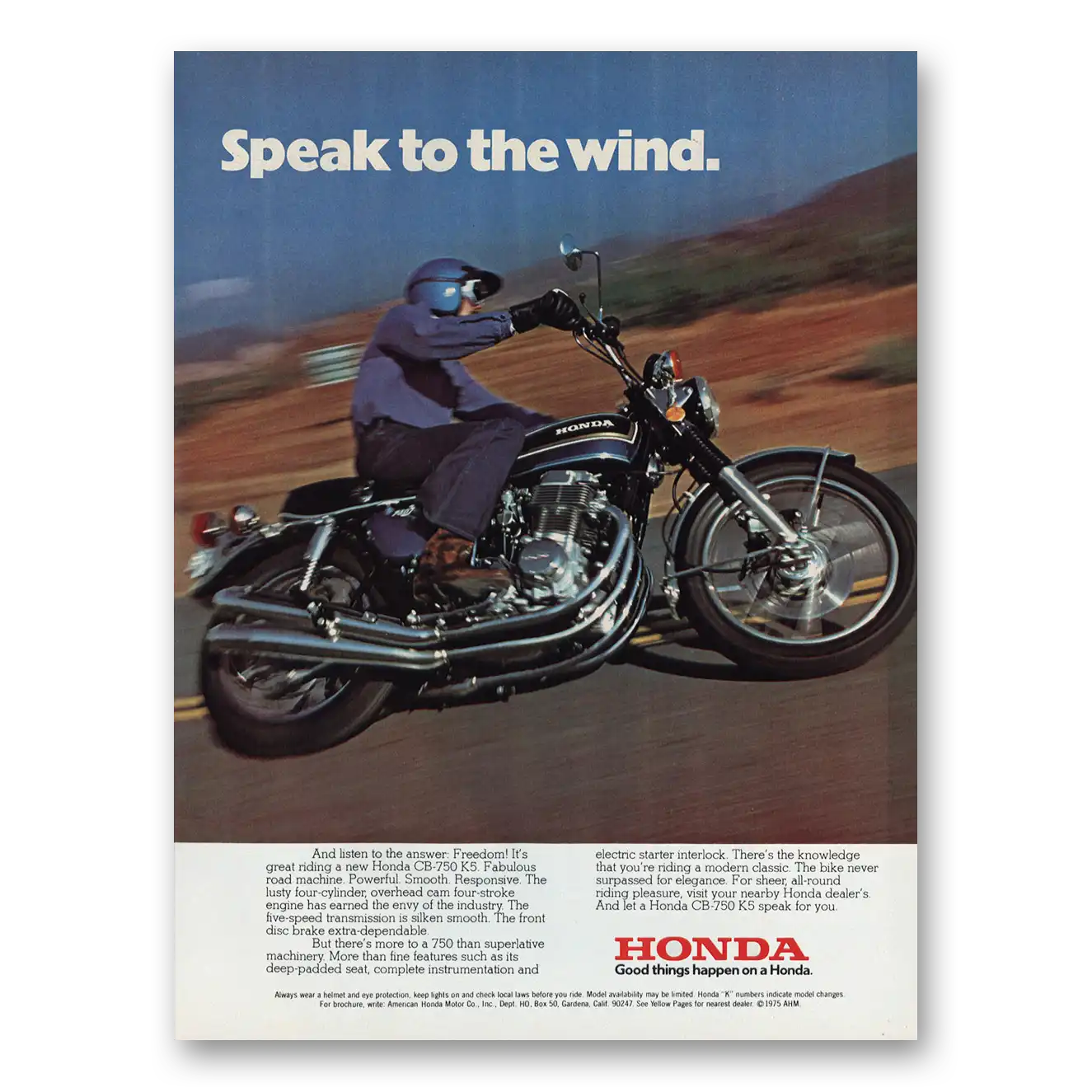 1975 Honda Motorcycle Speak To the Wind Vintage Magazine Print Ad