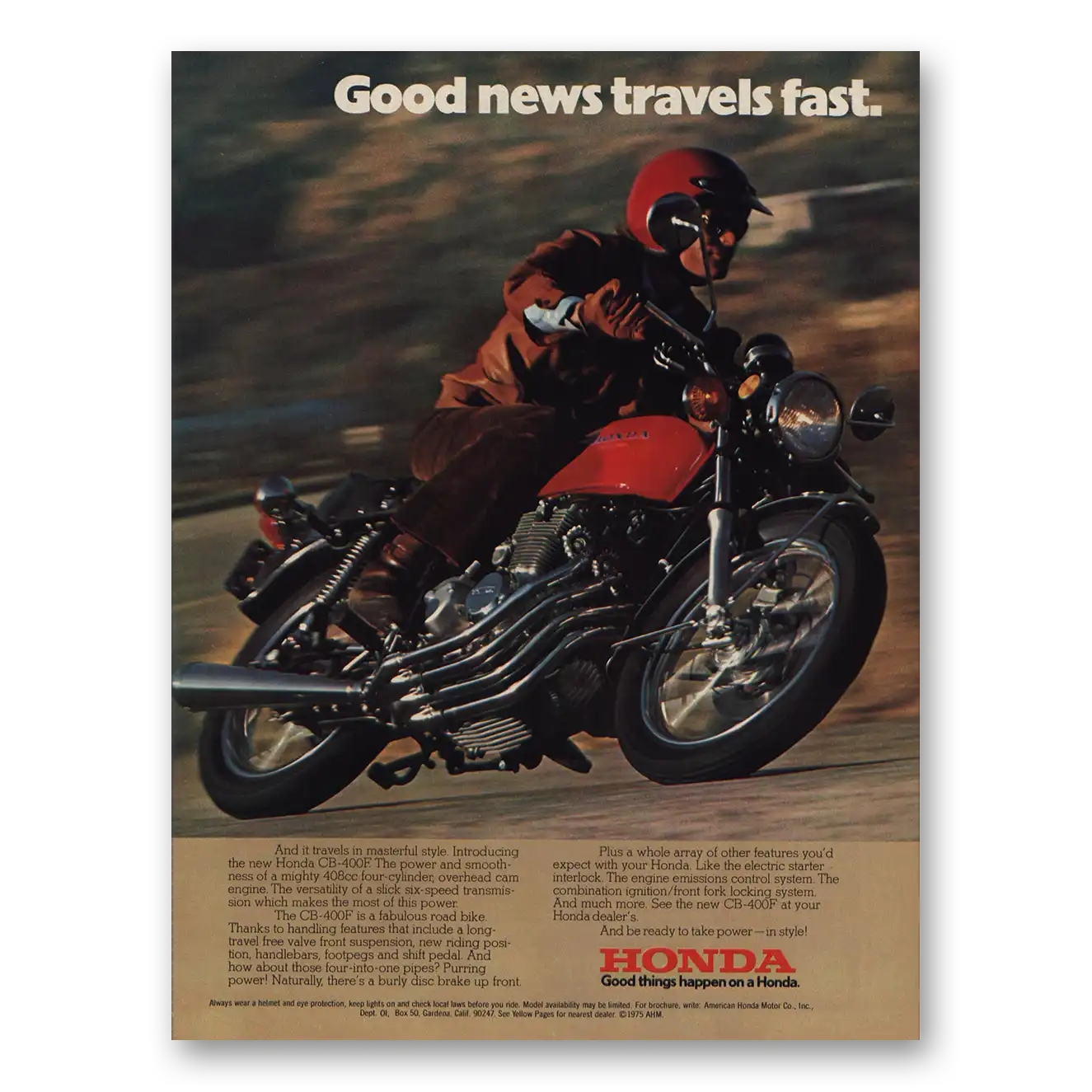 1975 Honda Motorcycle Good News Travels Fast Vintage Magazine Print Ad