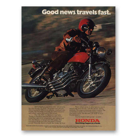 1975 Honda Motorcycle Good News Travels Fast Vintage Magazine Print Ad