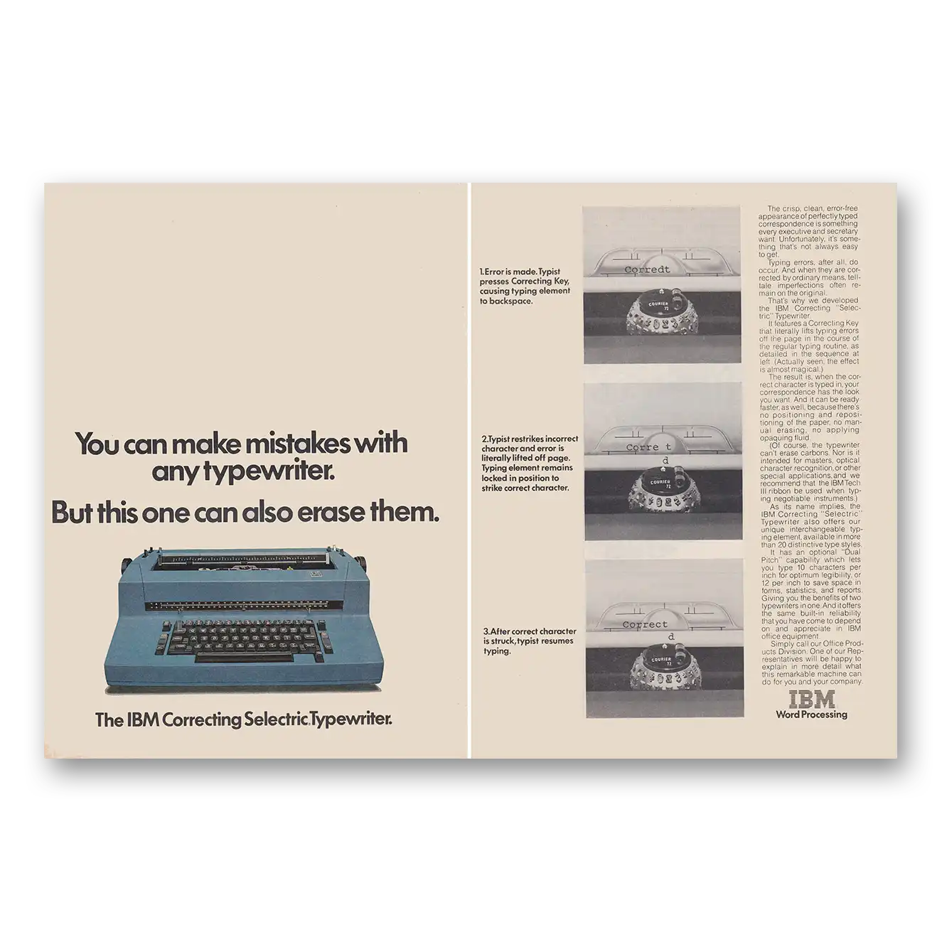 1975 IBM Selectric Typewriter You Can Make Mistakes Vintage Magazine Print Ad