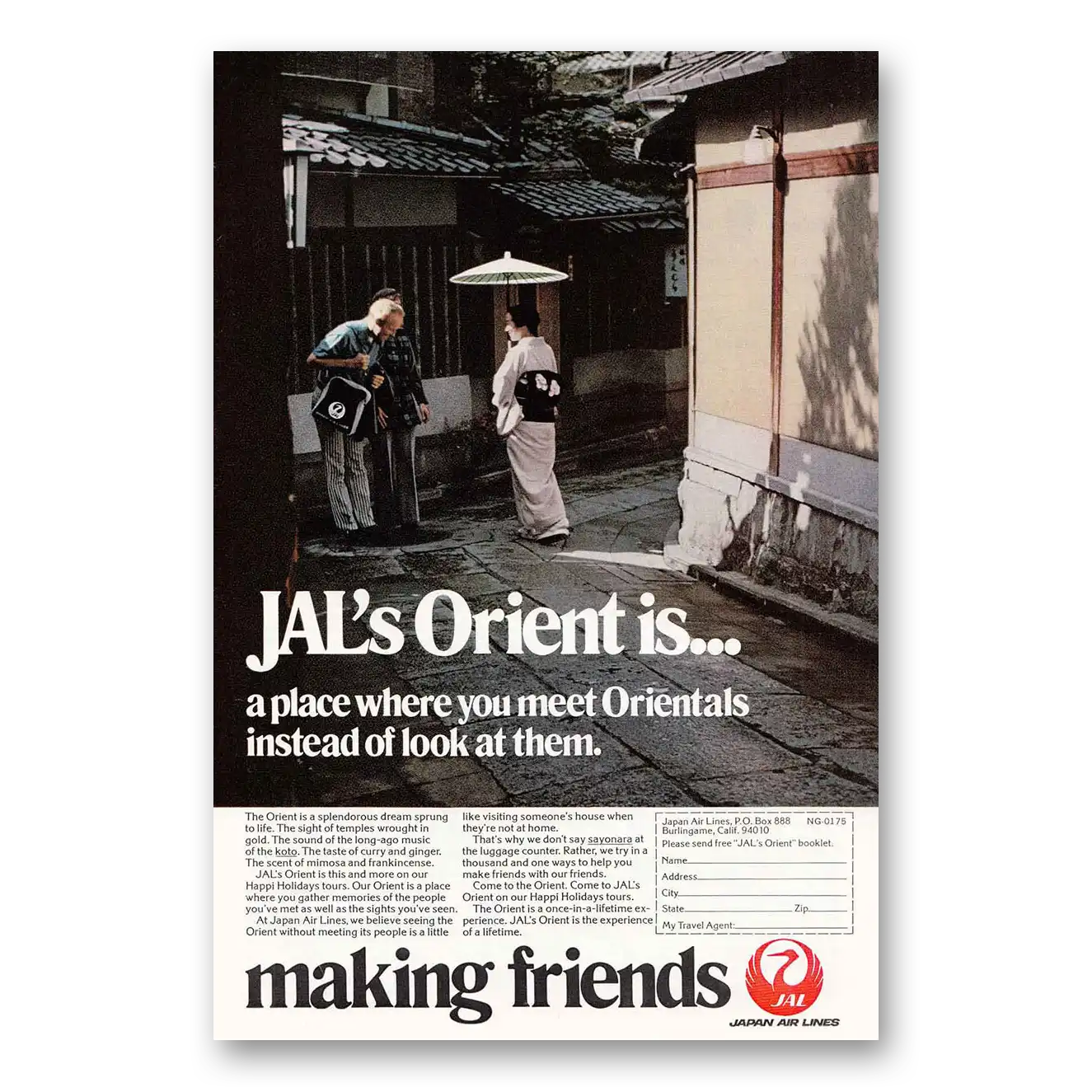 1975 Japan Air Lines Airlines JAL Making Friends Vintage Magazine Print Ad