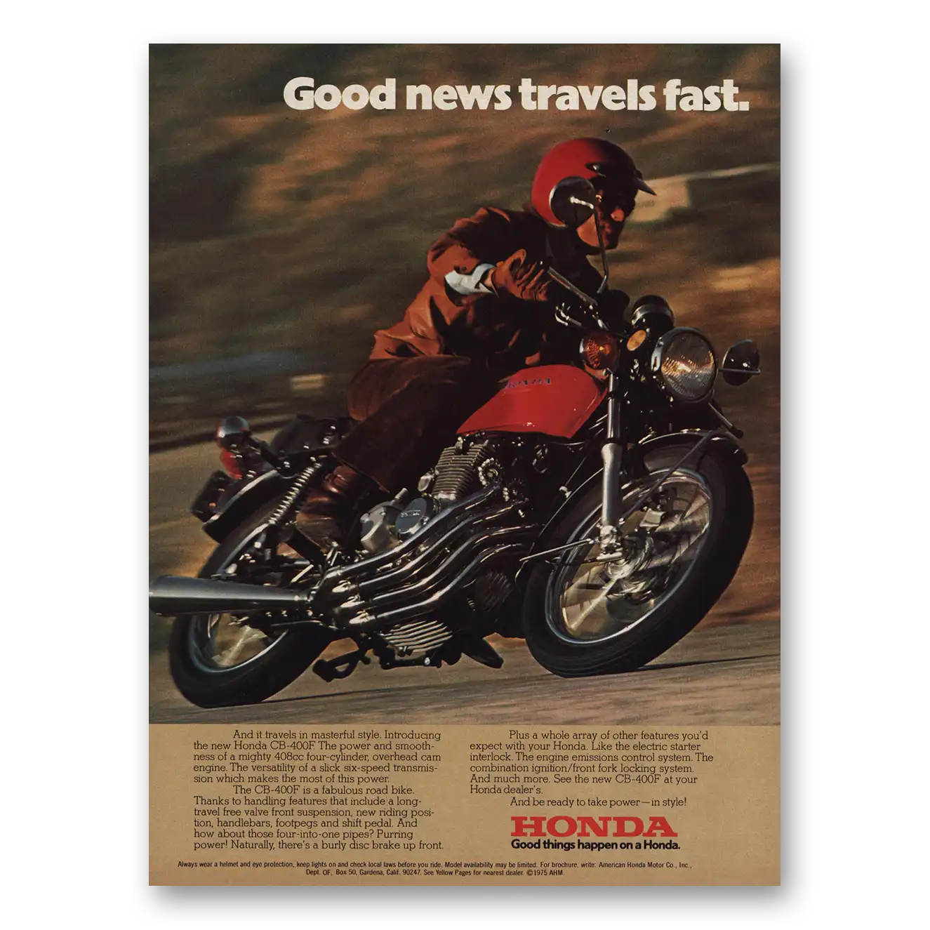 1975 Honda Motorcycle Good News Travels Fast Vintage Magazine Print Ad