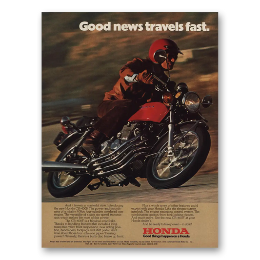 1975 Honda Motorcycle Good News Travels Fast Vintage Magazine Print Ad