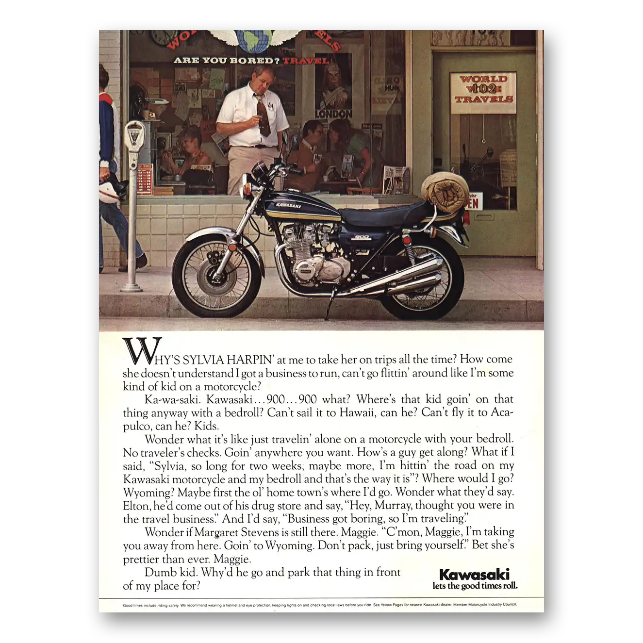 1975 Kawasaki Motorcycles Sylvia Harpin Vintage Magazine Print Ad