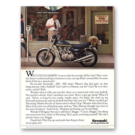 1975 Kawasaki Motorcycles Sylvia Harpin Vintage Magazine Print Ad