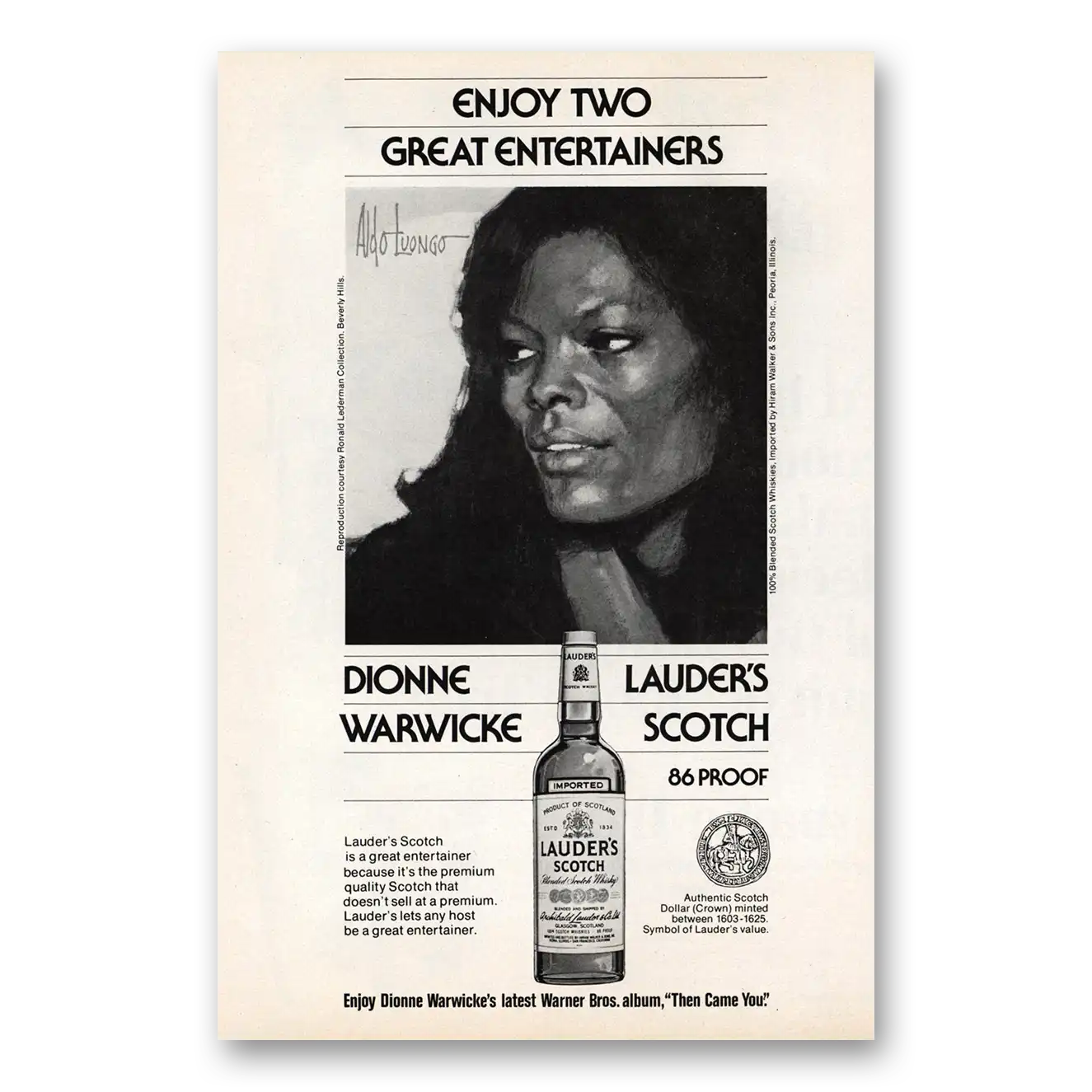 1975 Lauders Scotch Dionne Warwicke Vintage Magazine Print Ad