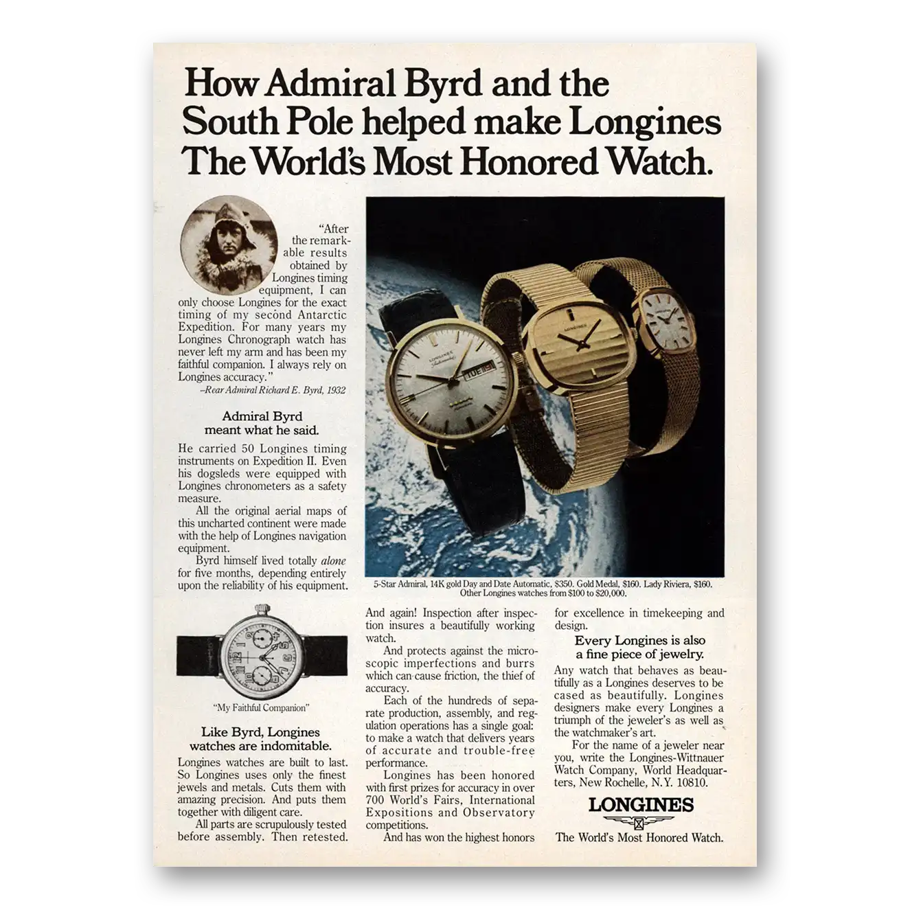 1975 Longines Wittnauer Admiral Byrd and the South Pole Vintage Magazine Print Ad