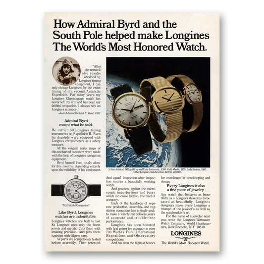 1975 Longines Wittnauer Admiral Byrd and the South Pole Vintage Magazine Print Ad