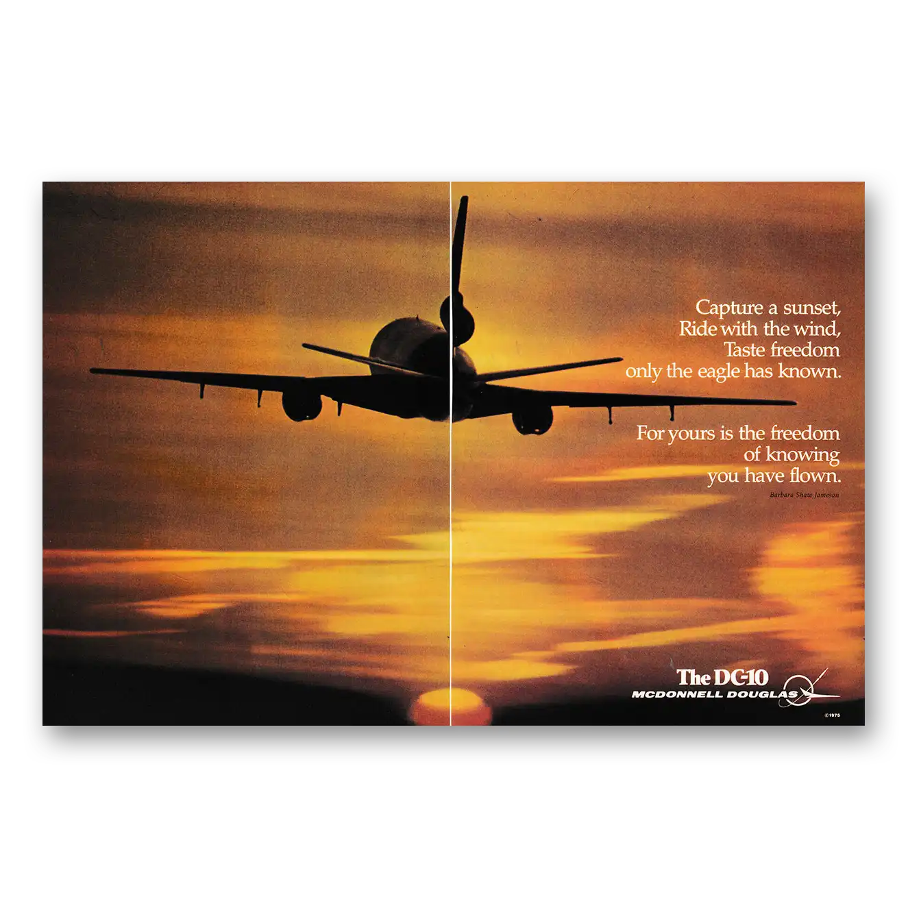 1975 McDonnell Douglas DC10 Capture a Sunset Ride With the Wind Vintage Magazine Print Ad