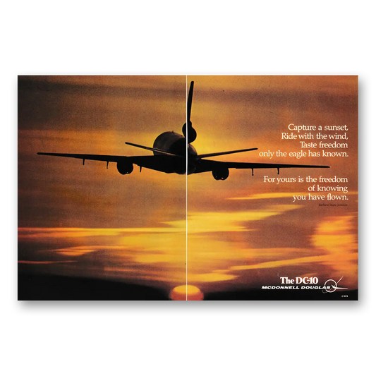 1975 McDonnell Douglas DC10 Capture a Sunset Ride With the Wind Vintage Magazine Print Ad