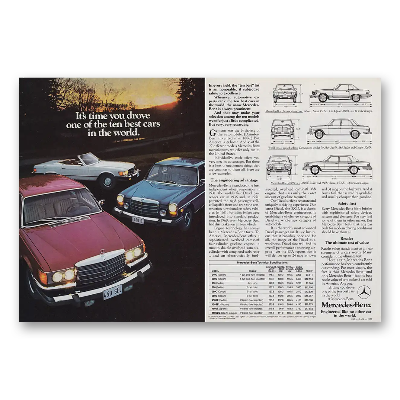 1975 Mercedes Benz Time You Drove One of the Ten Best Cars Vintage Magazine Print Ad