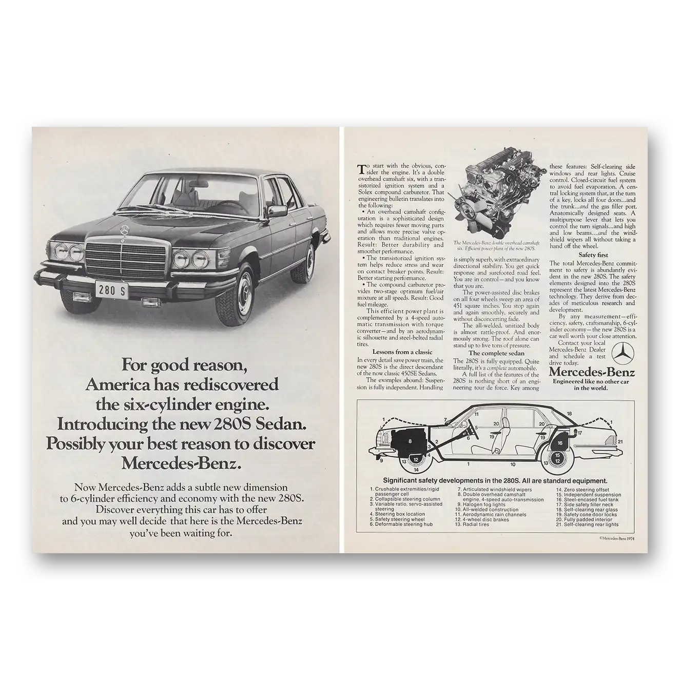 1974 Mercedes Benz 280S Sedan America Has Rediscovered the Six Cylinder Engine Vintage Magazine Print Ad