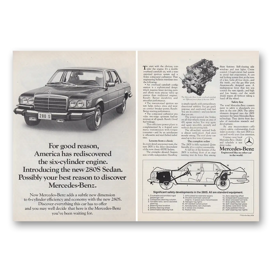 1974 Mercedes Benz 280S Sedan America Has Rediscovered the Six Cylinder Engine Vintage Magazine Print Ad