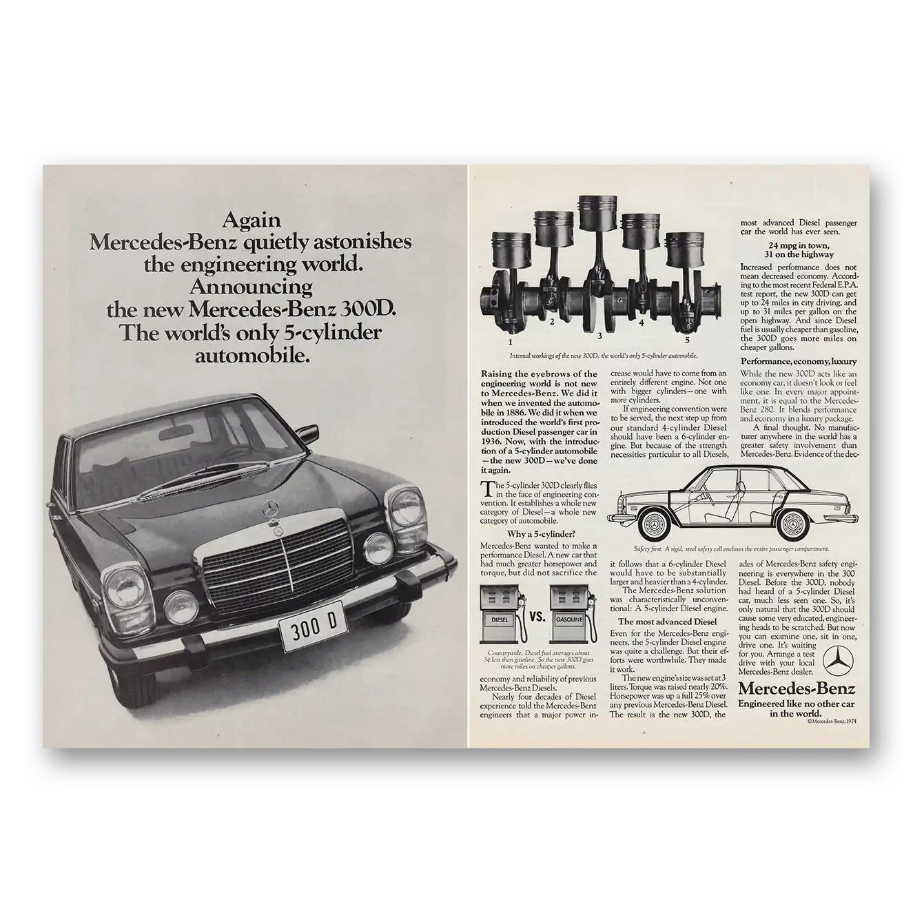 1975 Mercedes Benz 300D Quietly Astonishes the Engineering World Vintage Magazine Print Ad