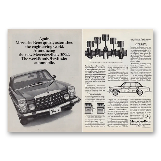 1975 Mercedes Benz 300D Quietly Astonishes the Engineering World Vintage Magazine Print Ad