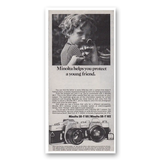 1975 Minolta SRT Camera Helps you Protect a Young Friend Vintage Magazine Print Ad