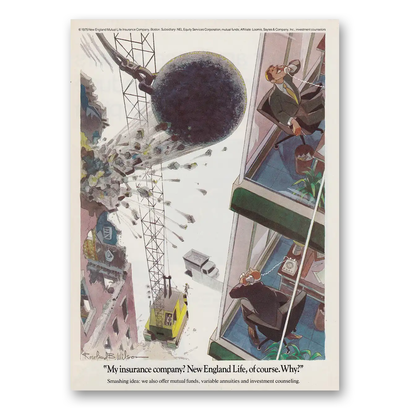 1975 New England Mutual Life Insurance Office Building Wrecking Ball Vintage Magazine Print Ad