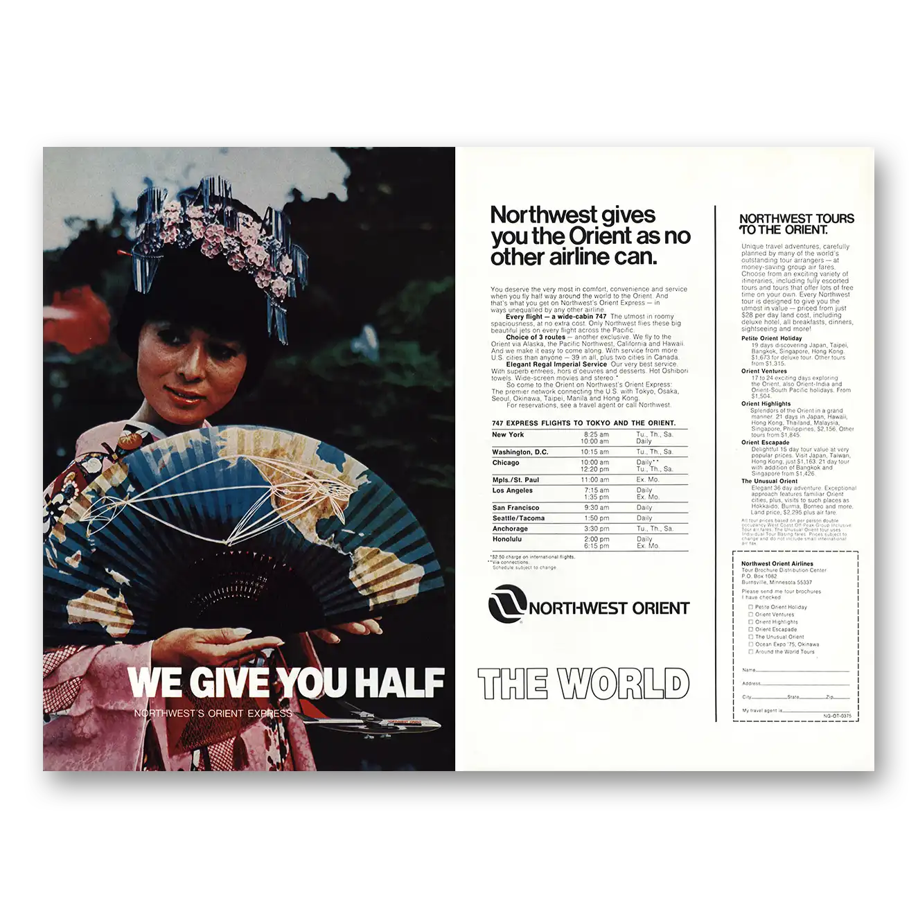 1975 Northwest Orient Airlines We Give You Half Vintage Magazine Print Ad