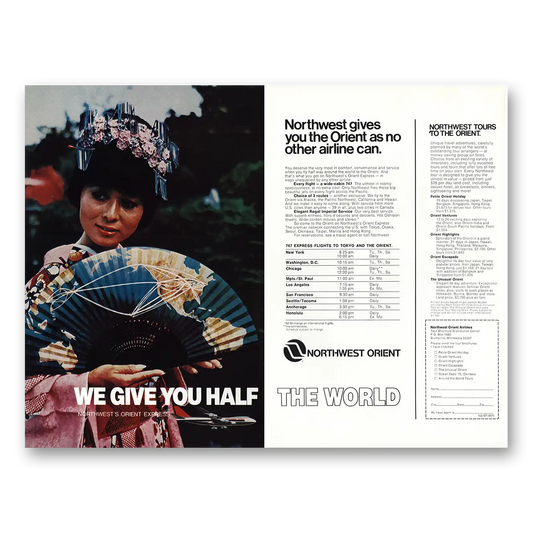 1975 Northwest Orient Airlines We Give You Half Vintage Magazine Print Ad