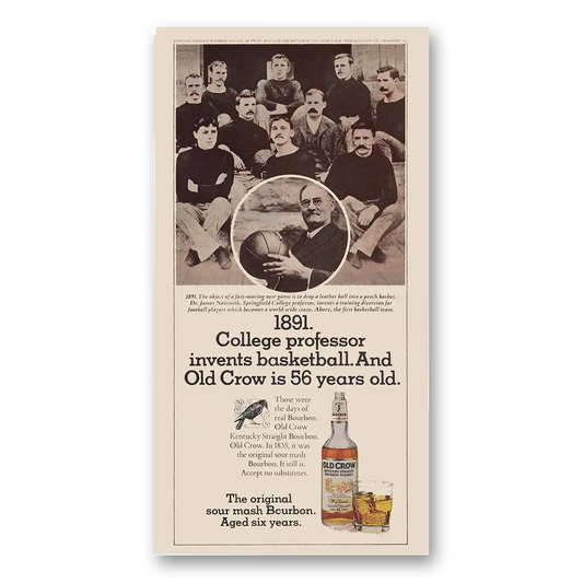 1975 Old Crow Whiskey College Professor Invents Basketball Vintage Magazine Print Ad