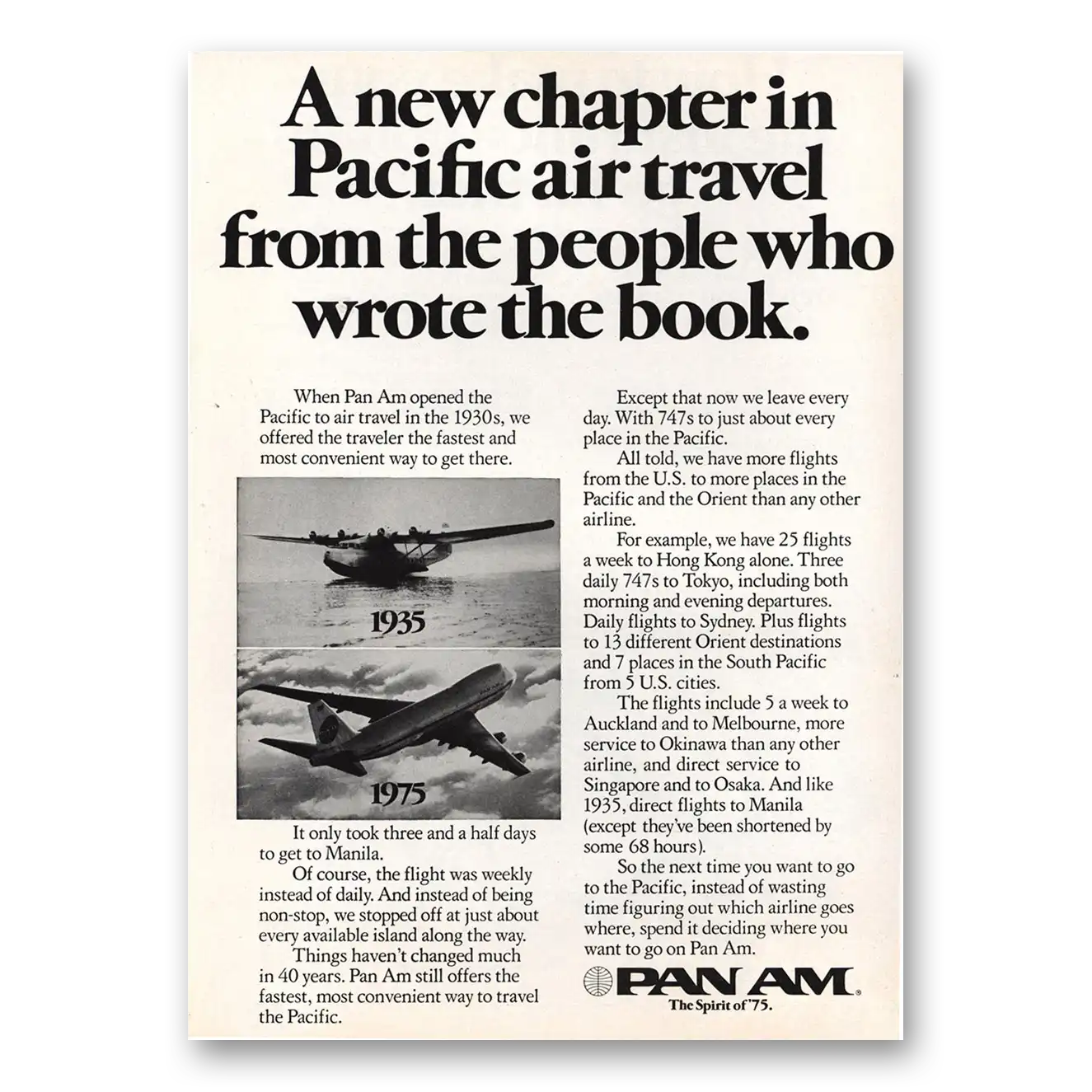 1975 Pan Am New Chapter in Pacific Air Travel Vintage Magazine Print Ad