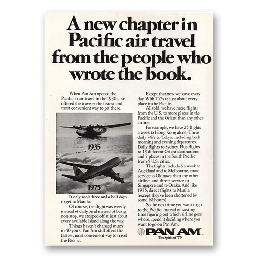 1975 Pan Am New Chapter in Pacific Air Travel Vintage Magazine Print Ad